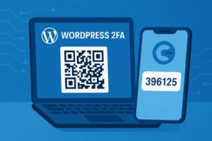 WordPress 2FA setup screen showing QR code and Authenticator App